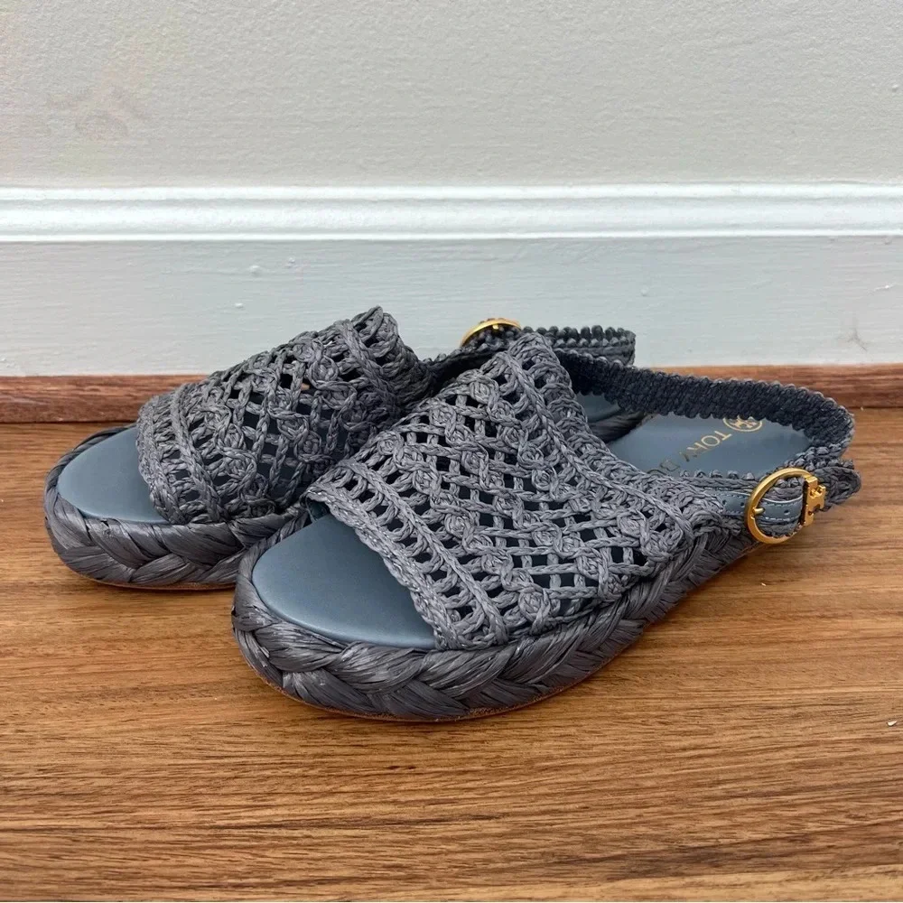 Tory Burch Raffia Canvas Crochet Trim Platform Slingback Espadrilles Sandals
